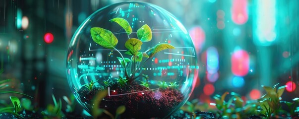 A futuristic plant growing inside a glass sphere, surrounded by digital data and neon lights, symbolizing a technological future.