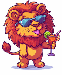Funny lion drinks a fruit juice with sunglasses