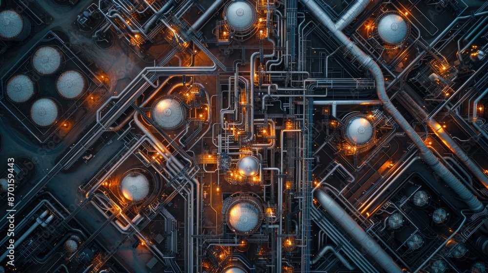 Aufkleber drone view of a sprawling industrial complex with engineers monitoring operations from a central hub