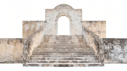 Fototapeta premium Ancient stone staircase leading to an archway with weathered walls and a timeless, historical feel. Isolated on a white background.