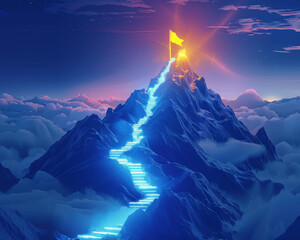 3D Path to Success with Yellow Flag on Mountain Top. Business Achievement Journey with Blue Glow. Generative AI Illustration