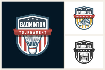 Badminton logo template emblem style. badminton vector illustration suitable for sports club emblems, academy, competitions, championships, tournaments, t-shirt designs, sticker etc