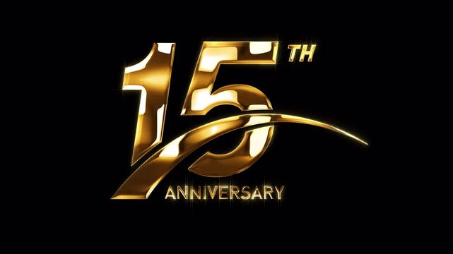 15th Golden Anniversary Celebration with Swoosh. Happy 15 Years Anniversary Animation in Gold Color on the Transparent Background, Alpha Channel. Great for greetings, celebrations, events, and gifts.