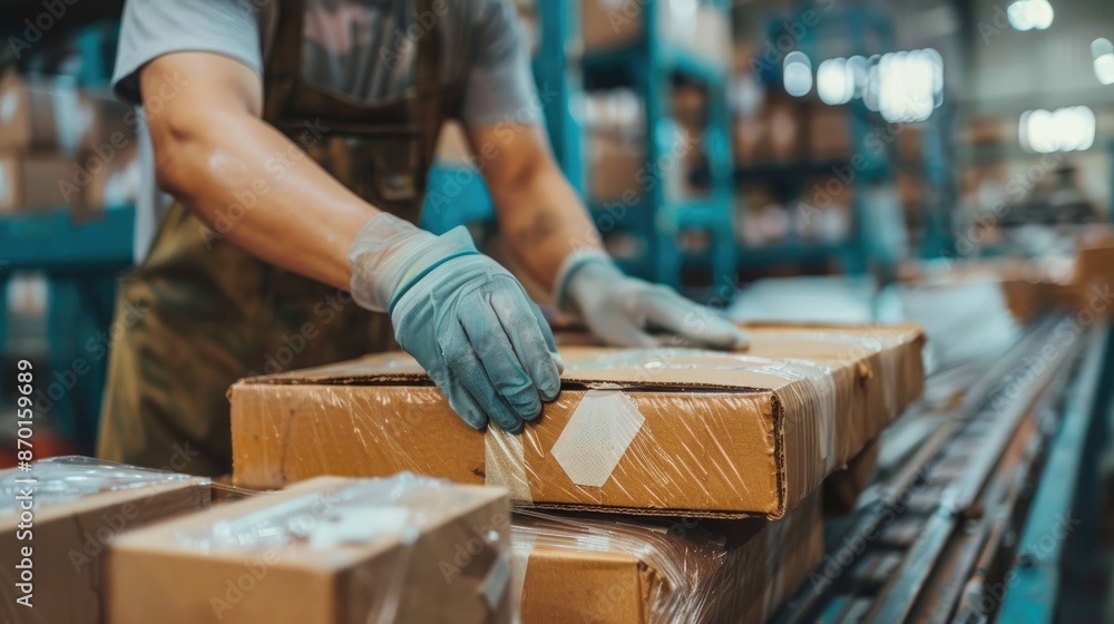 Poster man is working in a warehouse, handling boxes and wearing gloves. the atmosphere of the image is bus