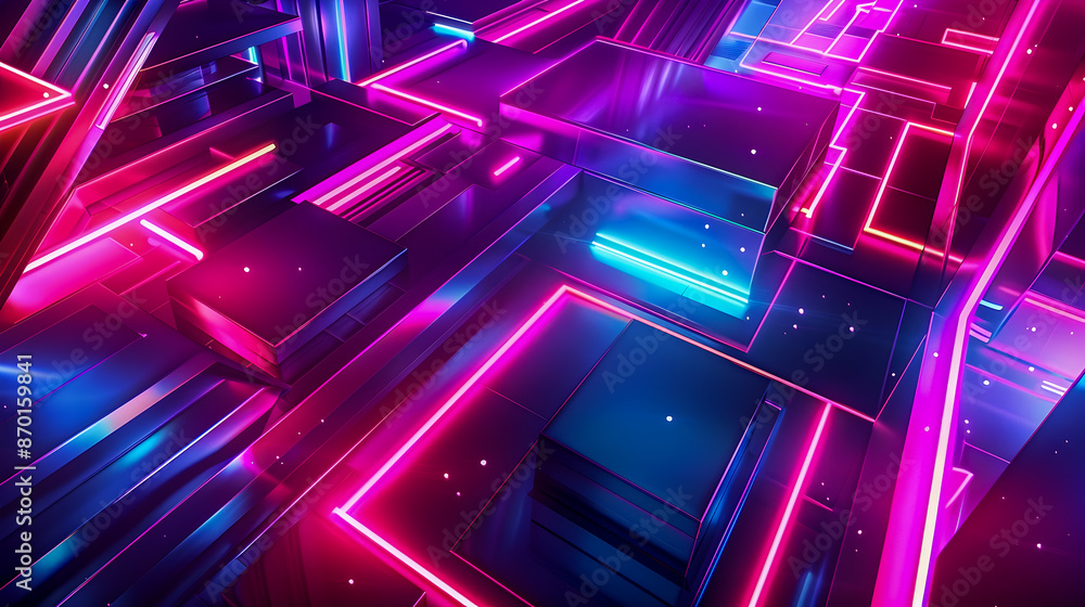 Poster Glowing neon geometric shapes and lines in a minimalistic abstract digital with a vibrant futuristic and technologically advanced design  Dynamic