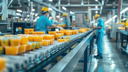 Food processing plant with conveyor belts carrying packaged goods, workers monitoring the lines.
