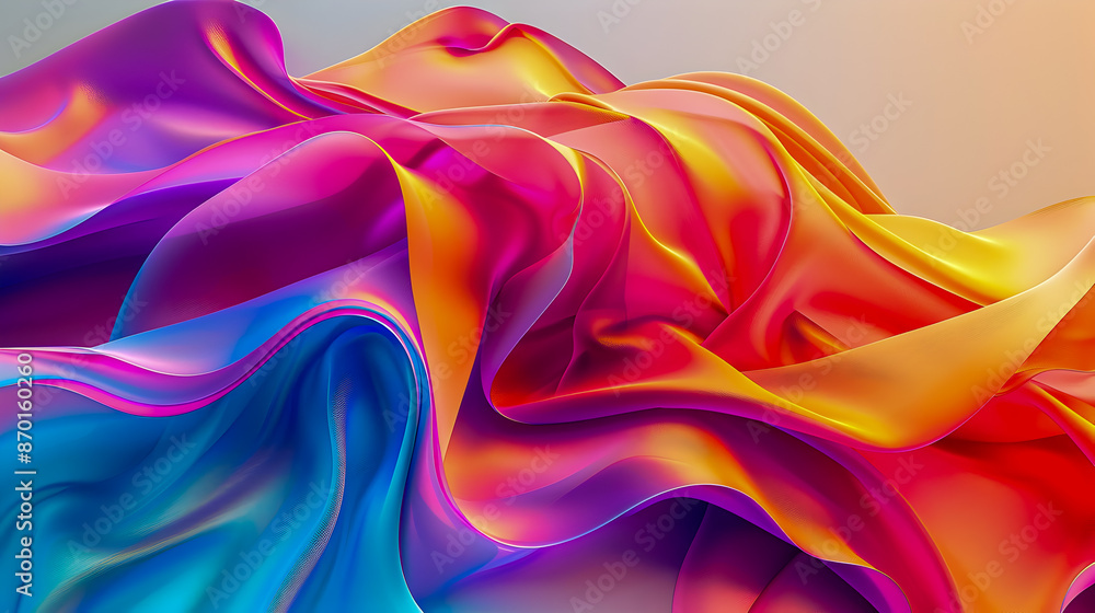 Poster vibrant neon infused color fields in a dynamic overlapping design on a clean matte white surface wit