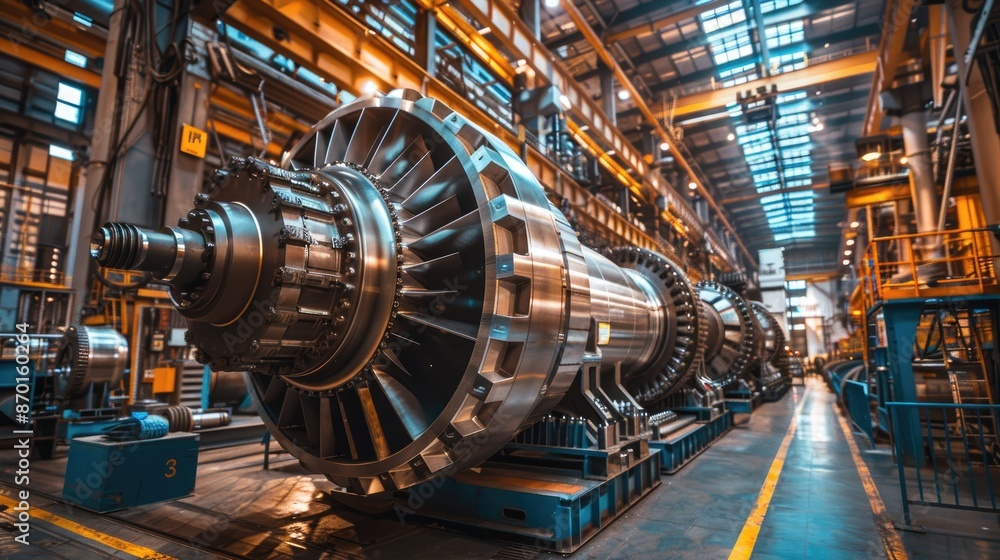 Poster large machine is being built in a factory. the machine is made of metal and has a lot of parts. the 