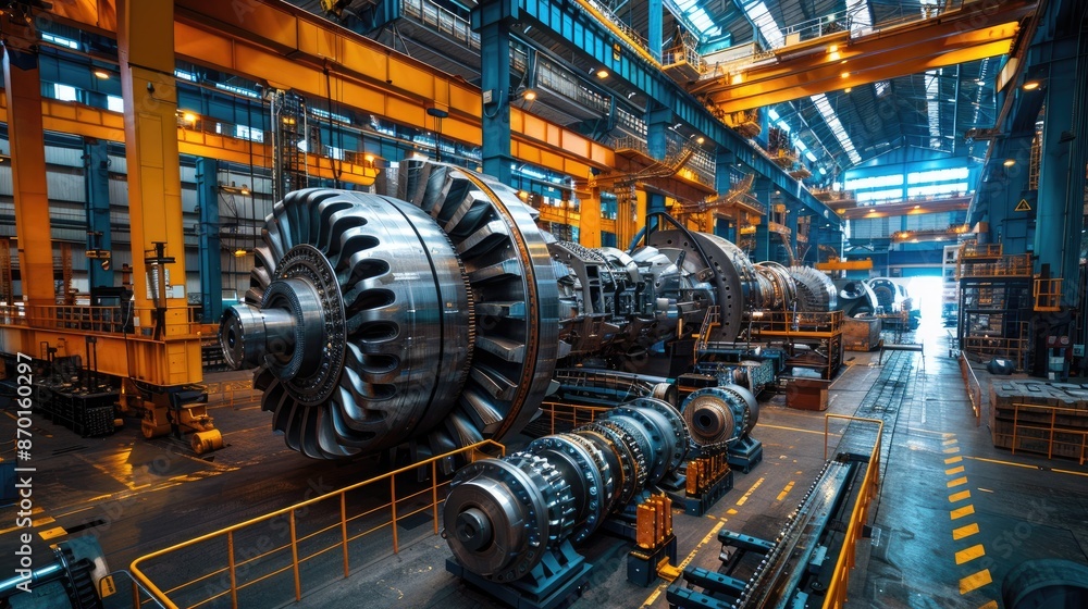 Poster large industrial plant with a large machine in the middle. the machine is surrounded by other machin