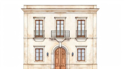 Obraz premium Detailed architectural drawing of a classical two-story building facade with wooden doors and windows.