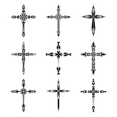 Christian cross vector icon symbols.  Abstract christian religious belief or faith art illustration for orthodox or catholic design. The symbol of the cross in various designs used in tattoo.