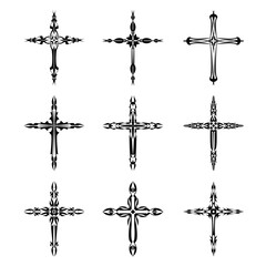 Christian cross vector icon symbols.  Abstract christian religious belief or faith art illustration for orthodox or catholic design. The symbol of the cross in various designs used in tattoo.