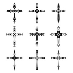 Christian cross vector icon symbols.  Abstract christian religious belief or faith art illustration for orthodox or catholic design. The symbol of the cross in various designs used in tattoo.