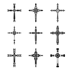 Fototapeta premium Christian cross vector icon symbols. Abstract christian religious belief or faith art illustration for orthodox or catholic design. The symbol of the cross in various designs used in tattoo.
