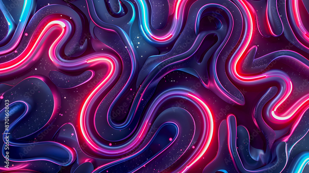 Poster hypnotic electrified neon swirls and shapes that intertwine on a seamless charcoal grey background w