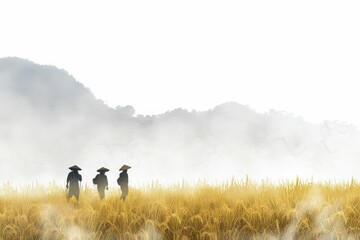 Three farmers walking through a foggy golden rice field with misty mountains in the background during early morning.