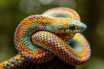 Obraz premium Vibrant, multicolored snake coiled around a branch in a detailed close-up, showcasing its intricate scales and captivating hues.