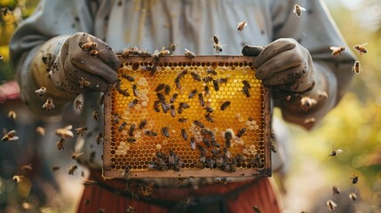 Close-up of a beekeeper holding a honeycomb frame. with bees flying around