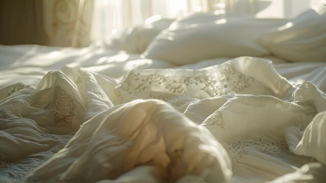 As the wind dies down the bedspread slowly floats and settles back onto the bed creating a sense of calm.