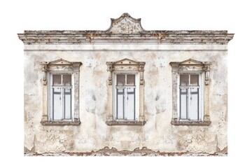 Obraz premium Vintage facade with ornate architectural details and three windows. Weathered and aged exterior with historical character.