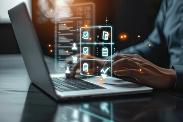 Businessman Using Digital Performance Checklist, Online Survey, Assessment Form, Evaluation Questionnaire, Document Management, Compliance Certification, Mobile Device Access, Cloud Storage