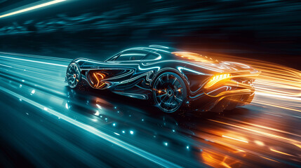 Fototapeta premium High-Speed Futuristic Sports Car With Neon Trails On Dark Highway Photorealistic Light Reflections Sharp Edges