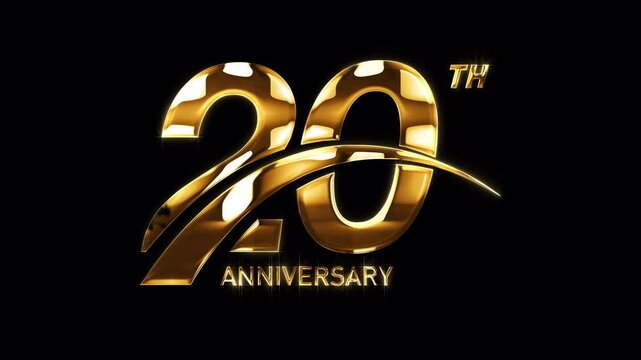 20th Golden Anniversary Celebration with Swoosh. Happy 20 Years Anniversary Animation in Gold Color on the Transparent Background, Alpha Channel. Great for greetings, celebrations, events, and gifts.