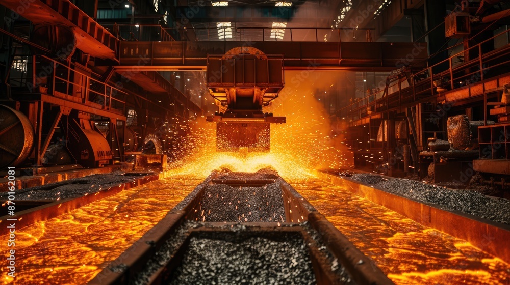 Poster factory with a large machine that is spewing out sparks. the sparks are orange and the machine is su