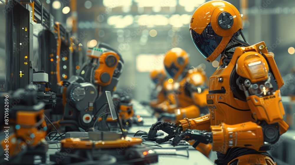 Poster technicians in safety gear working alongside robots, ensuring optimal performance and safety standar