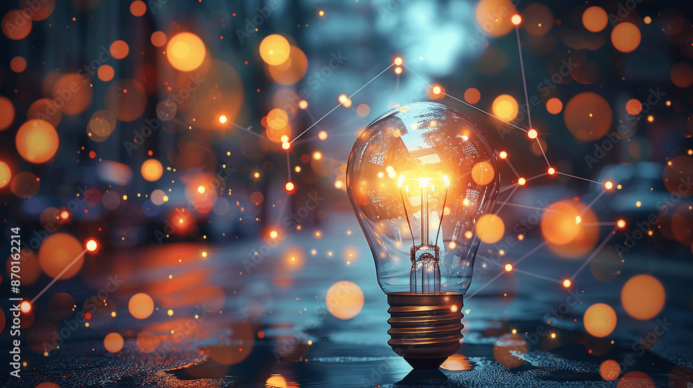 Poster hyper realistic light bulb glowing with energy and abstract digital connections on urban background 