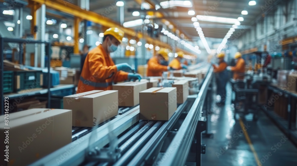 Poster factory with workers wearing masks and gloves. the workers are sorting boxes on a conveyor belt