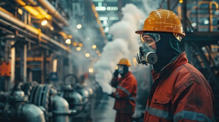 Fototapeta premium Workers in a factory installing pollution control devices on machinery, focus on reducing emissions, industrial environment
