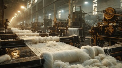 Textile factory processing raw cotton into fabric, with spinning and weaving machines in the background.