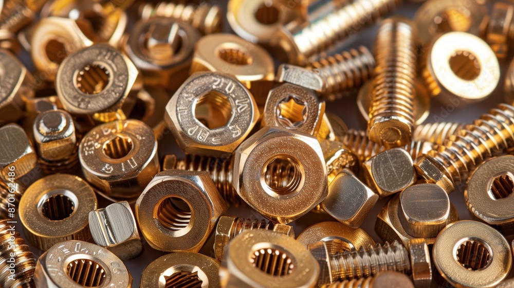 Poster close-up of golden nuts and bolts. close-up image of various golden nuts and bolts, showcasing their