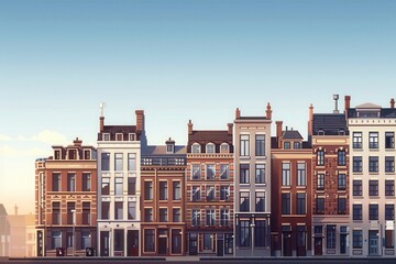 Fototapeta premium Charming row of colorful European city buildings under a clear sky, showcasing architectural beauty and urban residential charm.