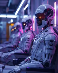 Fototapeta premium A futuristic clinic with robots providing healthcare services, cyberpunk, neon lights, high-tech design, detailed and vibrant