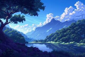 Obraz premium Peaceful mountain landscape with a serene lake, lush green forest, and clear blue sky with fluffy clouds, perfect for nature lovers.