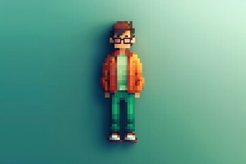 Pixel art character with glasses, orange jacket, and green pants against a gradient background, representing retro digital artwork.