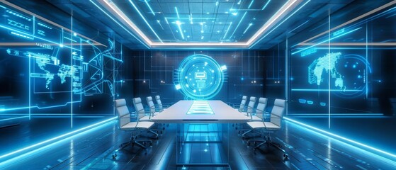 A modern boardroom with holographic projections of project timelines, cyberpunk, neon blue and white, high-tech environment