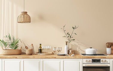 Modern minimalist kitchen with white cabinets, wooden countertop, and stylish decor
