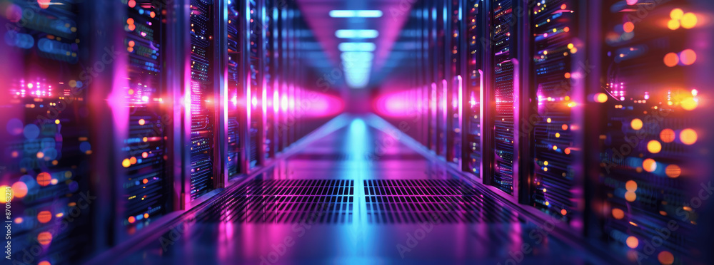 Poster 3d render data center with server rack glowing light blurred background purple blue high performance