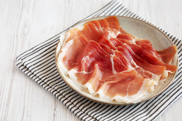 Sliced Prosciutto Ham on a Plate, side view.