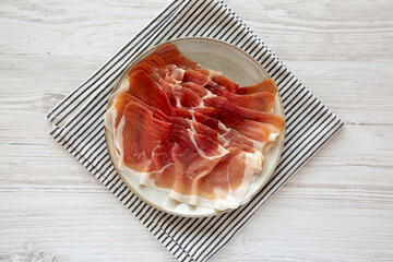 Sliced Prosciutto Ham on a Plate, top view.