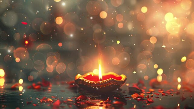 Graphic resource happy Diwali lighting background. flat way one Dilwali lamp vestifal with flower and background blur bokeh