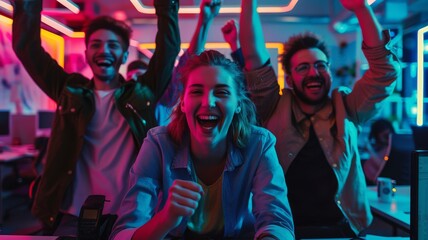 Obraz premium A team of young professionals in a high-tech office cheering at a successful investor meeting, cyberpunk, vibrant colors, advanced technology