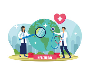 A couple of Doctors are checking the health of the globe earth with a stethoscope on world health day. flat vector modern illustration