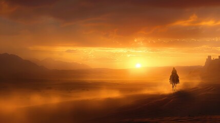A lone rider on horseback journeys through a vast desert landscape at sunset, enveloped in warm, golden light and dramatic skies.