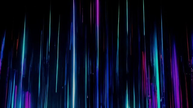 Digital art: Vertical neon streaks in green and blue against a dark backdrop, with motion blur suggesting speed or descent. Ideal for tech and abstract backgrounds.