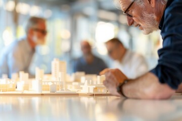Architects collaborating and reviewing a scale model of a cityscape in a modern, light-filled office environment.