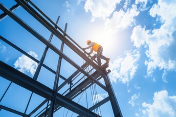Construction worker on steel beam in safety equipment, working at height with blue sky and clouds in the background, sun shining.